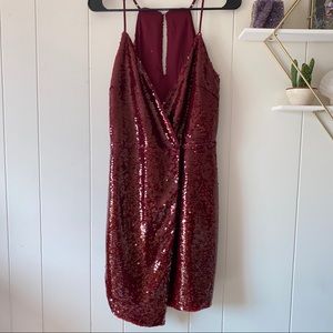 Burgundy Red Sequin Wrap Dress.